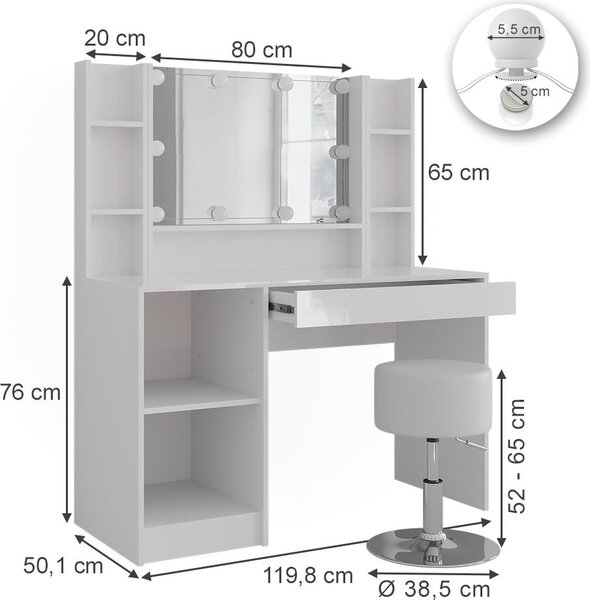 Toaletní stolek Vicco Sherry Bílá/bílý vysoký lesk 119.8 cm 6 dílů, Model 57579