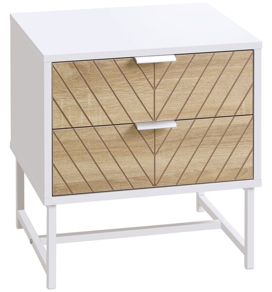 HOMCOM Noční stolek s 2 zásuvkami a ocelovými nohami, moderní design, stolek do obývacího pokoje a ložnice 45x39x48 cm Bílá a dub | Aosom