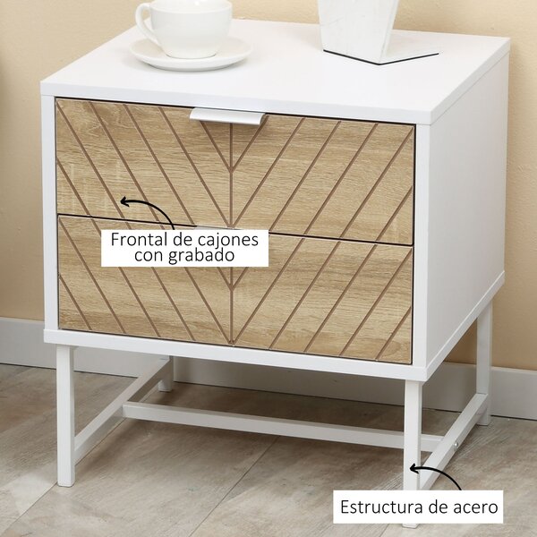 HOMCOM Noční stolek s 2 zásuvkami a ocelovými nohami, moderní design, stolek do obývacího pokoje a ložnice 45x39x48 cm Bílá a dub | Aosom