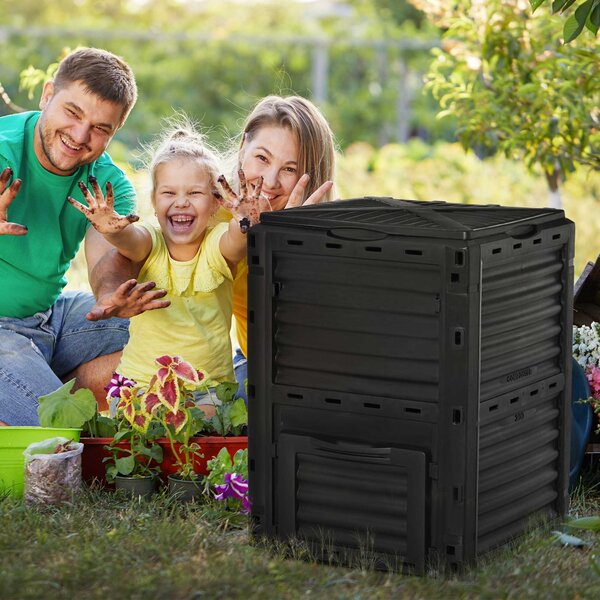 Outsunny kompostér s kapacitou 300L pro výrobu zahradního hnojiva s 48 otvory, 60,5x60,5x81,5 cm, černý | Aosom