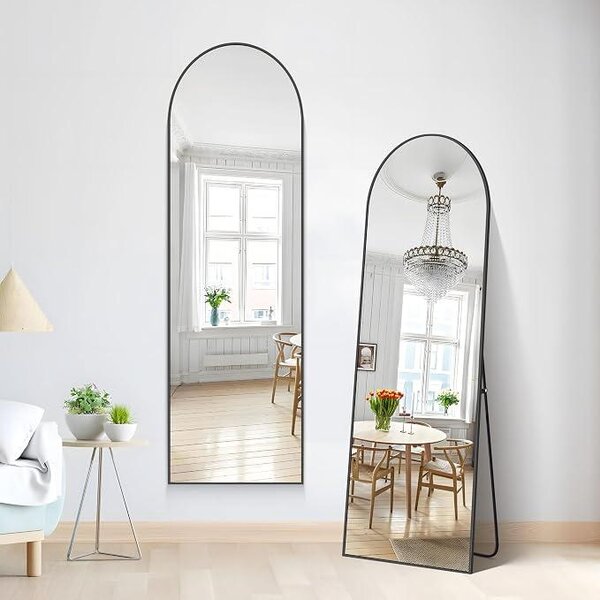Zrcadlo Bogen, celotělové, 150 x 40 cm, stojací zrcadlo s rámem z černého hliníku, velké nástěnné zrcadlo, podlahové zrcadlo, vhodné do ložnice, vstupní haly, chodby, jako dekorace interiéru