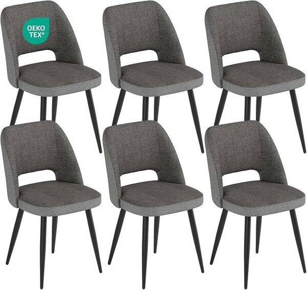 Sada šesti jídelních židlí v patchworkovém designu, tmavě šedé barvy. Potah z plyše a sametu, moderní čalouněná židle s kovovými nohami, vhodná do jídelny, kuchyně, ložnice a obývacího pokoje