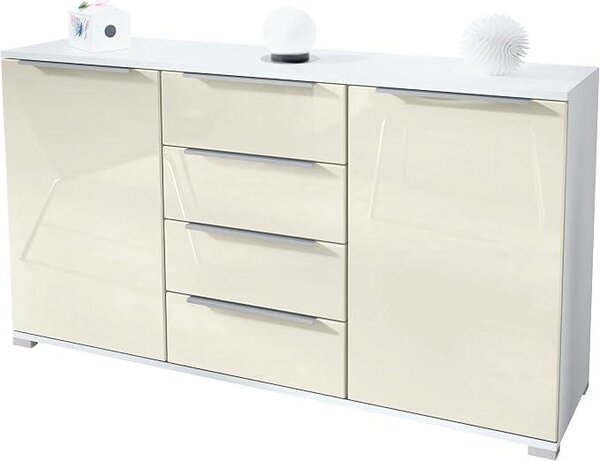 Komoda Linio V1, komoda se 2 dvířky a 4 zásuvkami, bílá matná/krémová vysoký lesk (138,5 x 75,5 x 35 cm)