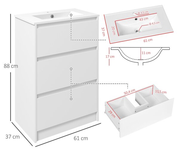 Kleankin koupelnová skříňka s umyvadlem - Umývací skříňka se syntetickým keramickým umyvadlem a 2 zásuvkami 61x37x88 cm Světlá bílá | Aosom
