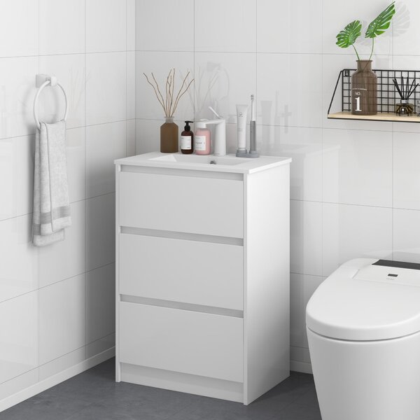 Kleankin koupelnová skříňka s umyvadlem - Umývací skříňka se syntetickým keramickým umyvadlem a 2 zásuvkami 61x37x88 cm Světlá bílá | Aosom