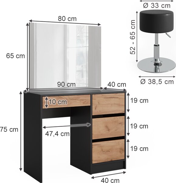 Toaletní stolek Vicco Sherry Antracit/zlatý dub 90 x 75 cm se zrcadlem a stoličkou, Model 52034