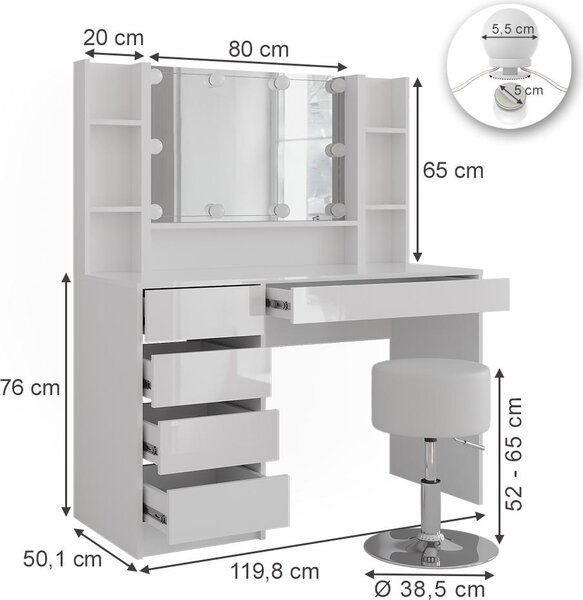 Toaletní stolek Vicco Sherry Bílá/bílý vysoký lesk 119.8 cm 5 dílů, Model 57603