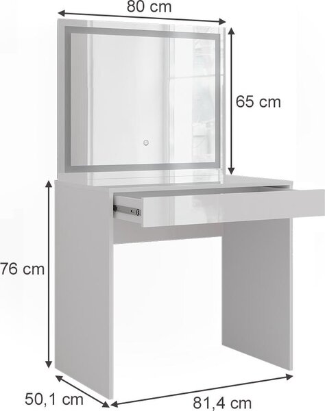 Toaletní stolek Vicco Sherry Bílá/bílý vysoký lesk 81.4 cm s LED zrcadlem, Model 57678