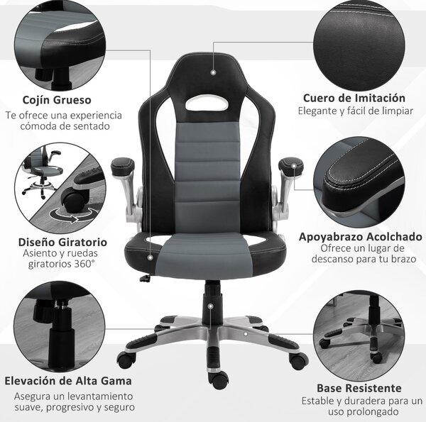 HOMCOM Kancelářská Židle S Nastavitelnou Výškou, Otočná Židle s Sklopnými Područkami a 5 Koly, Houpací Funkce, Nosnost 120 kg, 65x69x112-122 cm Šedá |