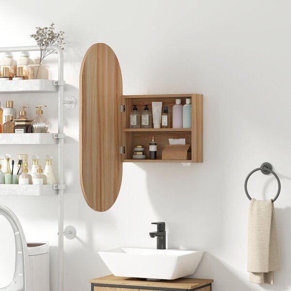 HOMCOM Nástěnná koupelnová skříňka s oválným zrcadlem, 45 x 90 cm, Moderní koupelnový nábytek, Bezrámový design, Zrcadlo se úložným prostorem, Přírodn