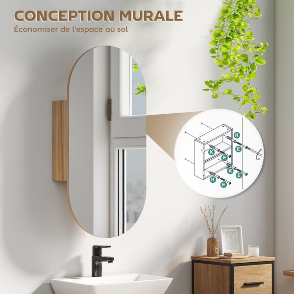 HOMCOM Nástěnná koupelnová skříňka s oválným zrcadlem, 45 x 90 cm, Moderní koupelnový nábytek, Bezrámový design, Zrcadlo se úložným prostorem, Přírodn
