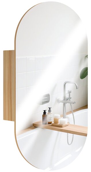 HOMCOM Nástěnná koupelnová skříňka s oválným zrcadlem, 45 x 90 cm, Moderní koupelnový nábytek, Bezrámový design, Zrcadlo se úložným prostorem, Přírodn