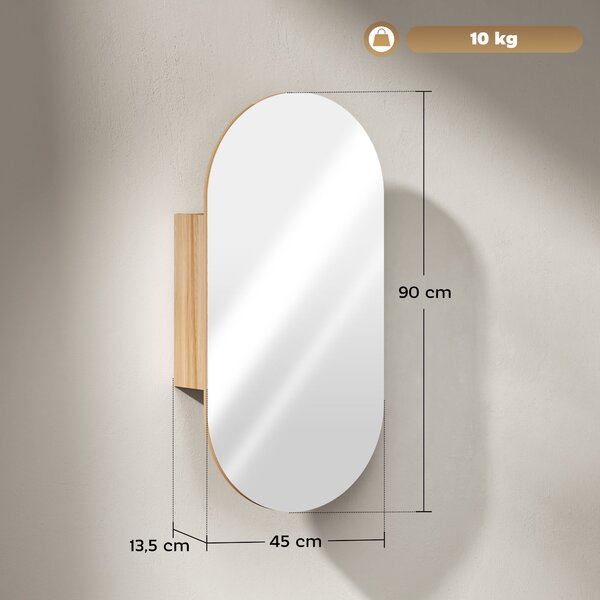 HOMCOM Nástěnná koupelnová skříňka s oválným zrcadlem, 45 x 90 cm, Moderní koupelnový nábytek, Bezrámový design, Zrcadlo se úložným prostorem, Přírodn