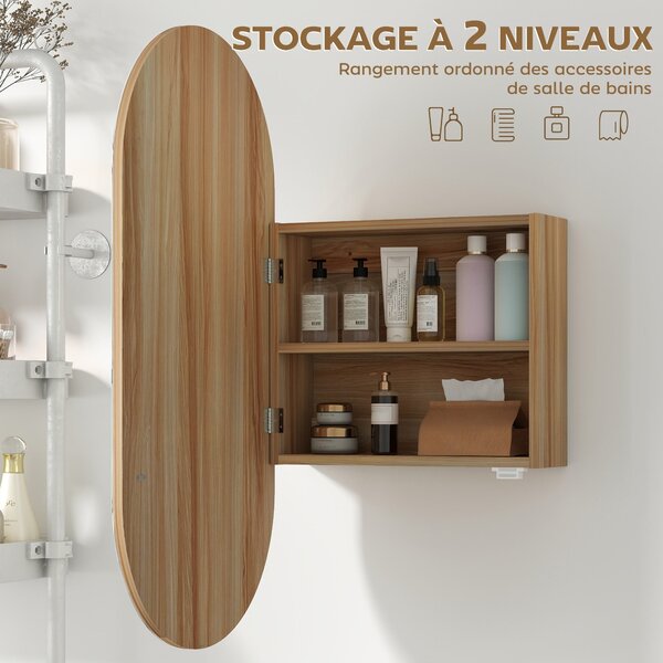 HOMCOM Nástěnná koupelnová skříňka s oválným zrcadlem, 45 x 90 cm, Moderní koupelnový nábytek, Bezrámový design, Zrcadlo se úložným prostorem, Přírodn