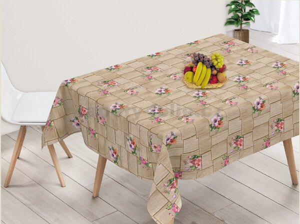 Ubrus PVC 145A, metráž, šířka 140 cm, květy na dřevěných deskách, IMPOL TRADE