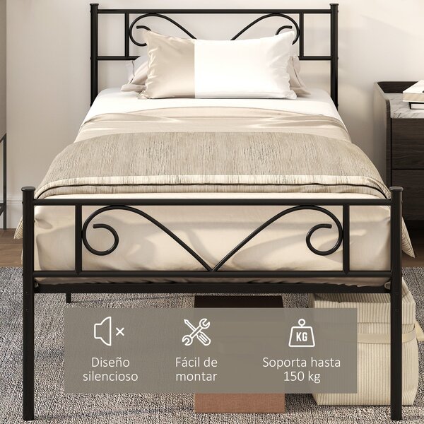 HOMCOM Jednolůžková kovová postel 31 cm pro matraci 90x190 cm s hlavovým čelem ve tvaru motýla a úložným prostorem pod postelí 95x196x100 cm Černá | A