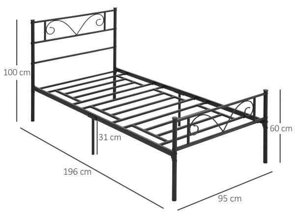HOMCOM Jednolůžková kovová postel 31 cm pro matraci 90x190 cm s hlavovým čelem ve tvaru motýla a úložným prostorem pod postelí 95x196x100 cm Černá | A