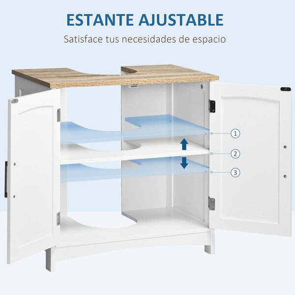 Kleankin Koupelnová skříňka pod umyvadlo s 2 dveřmi a nastavitelnou policí, moderní styl, nosnost 40 kg, 60x30x60 cm, bílá | Aosom