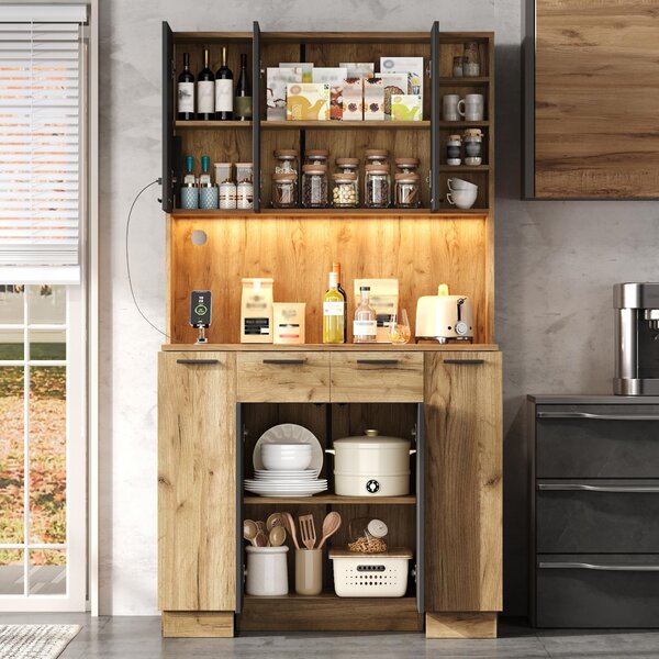 Kuchyňská skříňka o rozměrech 100x40x180 cm, vyrobená z MDF, s povrchem imitujícím černé dřevo a přírodní dřevo, s LED osvětlením a zásuvkou, vhodná do kuchyně i jídelny