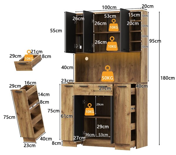 Kuchyňská skříňka o rozměrech 100x40x180 cm, vyrobená z MDF, s povrchem imitujícím černé dřevo a přírodní dřevo, s LED osvětlením a zásuvkou, vhodná do kuchyně i jídelny
