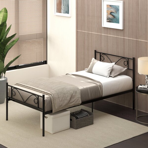 HOMCOM Jednolůžková kovová postel 31 cm pro matraci 90x190 cm s hlavovým čelem ve tvaru motýla a úložným prostorem pod postelí 95x196x100 cm Černá | A