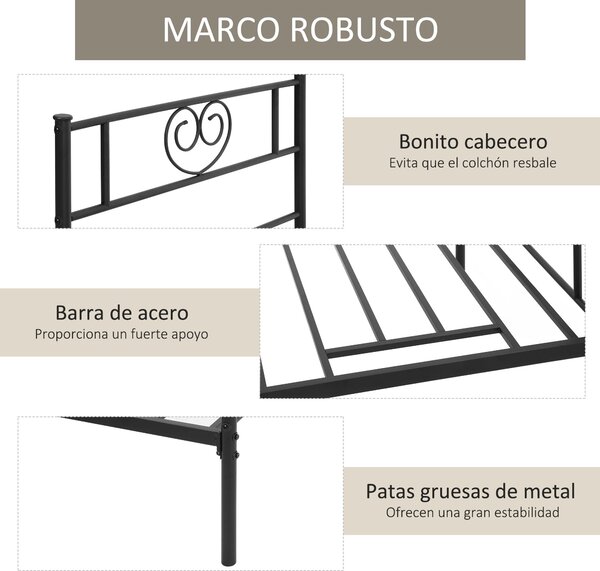 HOMCOM Jednolůžkový kovový rám postele 31 cm pro matraci 90x190 cm s čelním panelem ve tvaru srdce a úložným prostorem 95x196x100 cm Černý | Aosom