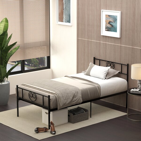 HOMCOM Jednolůžkový kovový rám postele 31 cm pro matraci 90x190 cm s čelním panelem ve tvaru srdce a úložným prostorem 95x196x100 cm Černý | Aosom