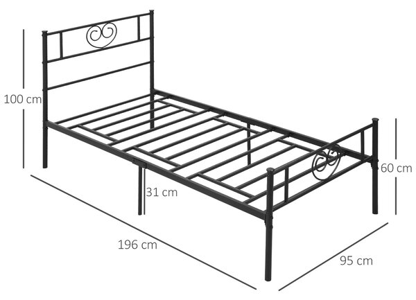 HOMCOM Jednolůžkový kovový rám postele 31 cm pro matraci 90x190 cm s čelním panelem ve tvaru srdce a úložným prostorem 95x196x100 cm Černý | Aosom