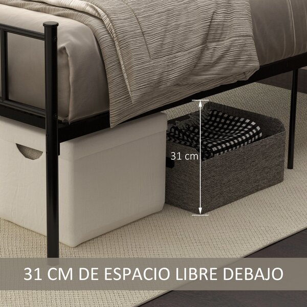 HOMCOM Jednolůžkový kovový rám postele 31 cm pro matraci 90x190 cm s čelním panelem ve tvaru srdce a úložným prostorem 95x196x100 cm Černý | Aosom