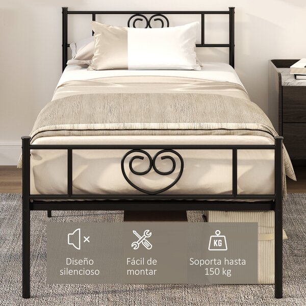 HOMCOM Jednolůžkový kovový rám postele 31 cm pro matraci 90x190 cm s čelním panelem ve tvaru srdce a úložným prostorem 95x196x100 cm Černý | Aosom