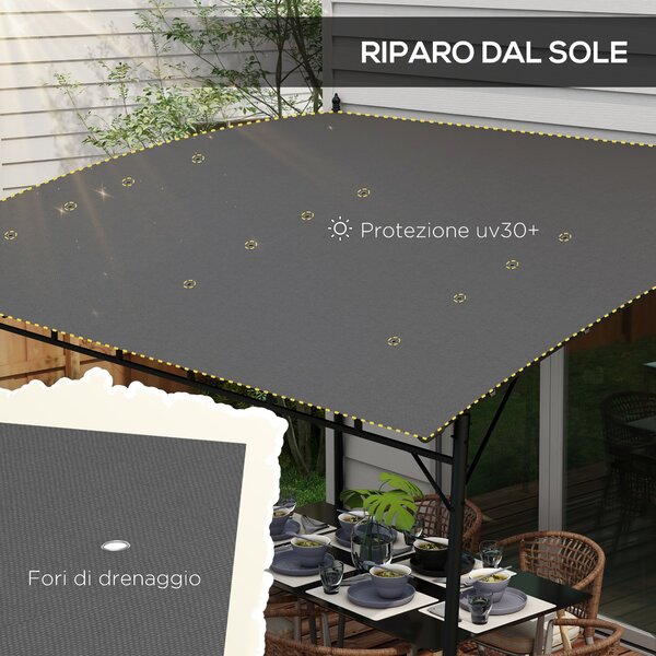 Zahradní pergola Outsunny s 12 odvodňovacími otvory, kovová konstrukce s polyesterovou střechou, 8 rozšiřovacími šrouby a 8 kotvami do země, 400x296x2