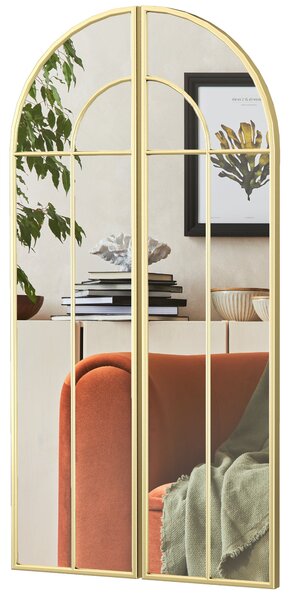 HOMCOM Dekorativní Zrcadlo na Zeď 2 Kusy 30x120 cm Okno se Zakřiveným Designem a Kovovým Rámem pro Obývací Pokoj, Ložnici a Vstup Gold | Aosom