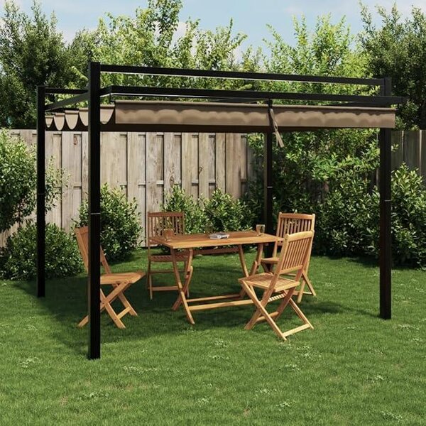 Zahradní pergola 3x3 m, altán z hliníku se sluneční stříškou a posuvnou střechou, zahradní altán s výsuvnou střechou, pergola s markýzou, UV ochrana, barva taupe