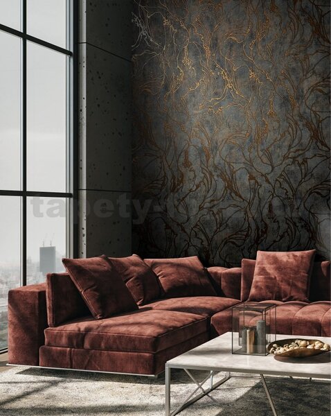 Vliesové tapety na zeď City Glow 34256, rozměr 10,05 m x 0,53 m, moderní stěrka metalicky bronzová na tmavě hnědém podkladu, MARBURG