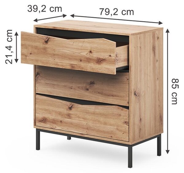 Kredenc Vicco Elvano Dub/Černá 79.2 x 85 cm se 3 zásuvkami, Model 61289