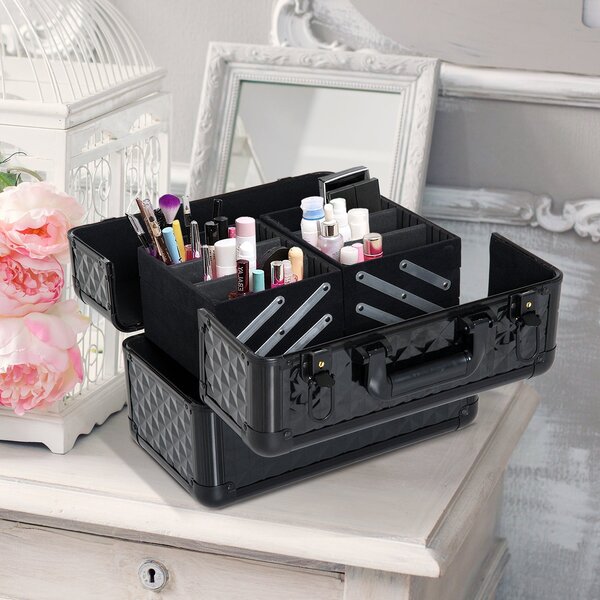 HOMCOM Kosmetický Organizér na Make-up Profesionální Krásy Box Přenosný 4 Úrovně 35,5x20x25,5cm Hliník | Aosom