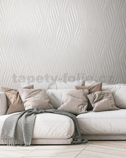 Vliesové tapety na zeď City Glow 34258, rozměr 10,05 m x 0,53 m, vlnovky metalicky bílé na bílém podkladu, MARBURG