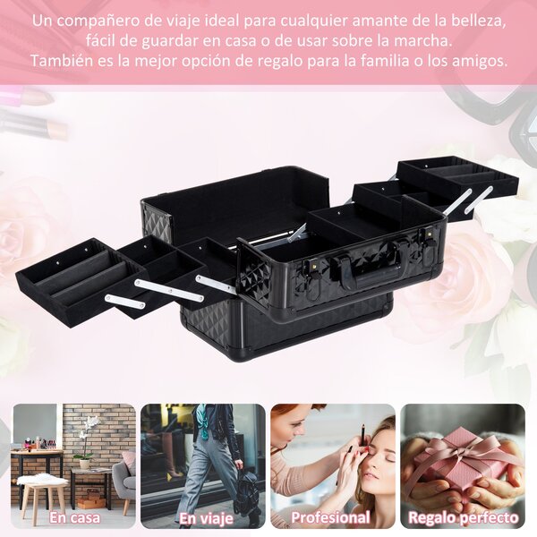 HOMCOM Kosmetický Organizér na Make-up Profesionální Krásy Box Přenosný 4 Úrovně 35,5x20x25,5cm Hliník | Aosom