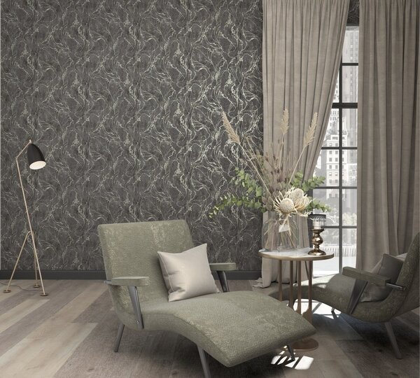 Vliesové tapety na zeď City Glow 34257, rozměr 10,05 m x 0,53 m, moderní stěrka metalicky niklová na tmavě šedém podkladu, MARBURG