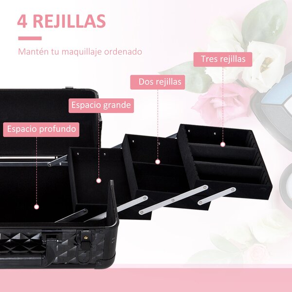 HOMCOM Kosmetický Organizér na Make-up Profesionální Krásy Box Přenosný 4 Úrovně 35,5x20x25,5cm Hliník | Aosom