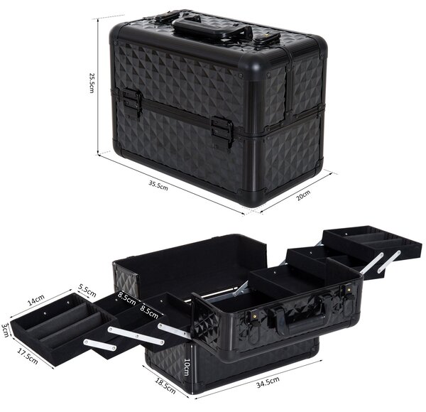 HOMCOM Kosmetický Organizér na Make-up Profesionální Krásy Box Přenosný 4 Úrovně 35,5x20x25,5cm Hliník | Aosom