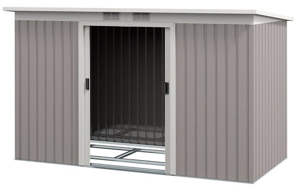 Outsunny Zahradní domků 3,2 m² 280x130x172 cm se posuvnými dveřmi a šikmou střechou Zpevněný základ (podlaha prodávána samostatně) a 2 okny Světle šed