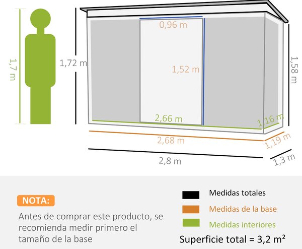 Outsunny Zahradní domků 3,2 m² 280x130x172 cm se posuvnými dveřmi a šikmou střechou Zpevněný základ (podlaha prodávána samostatně) a 2 okny Světle šed