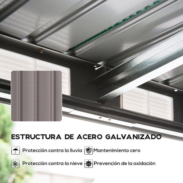 Outsunny Zahradní domků 3,2 m² 280x130x172 cm se posuvnými dveřmi a šikmou střechou Zpevněný základ (podlaha prodávána samostatně) a 2 okny Světle šed