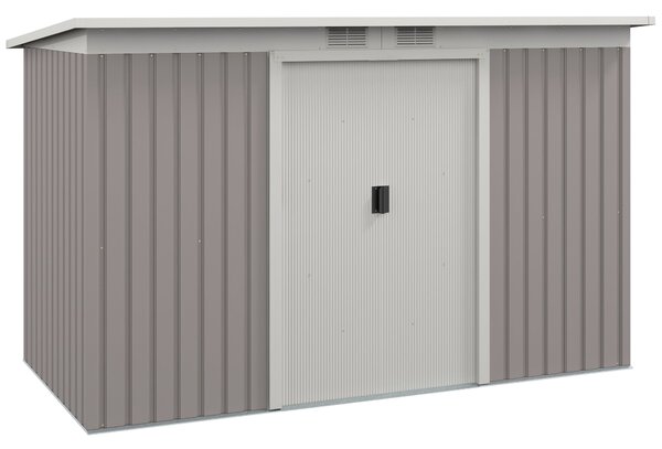 Outsunny Zahradní domků 3,2 m² 280x130x172 cm se posuvnými dveřmi a šikmou střechou Zpevněný základ (podlaha prodávána samostatně) a 2 okny Světle šed