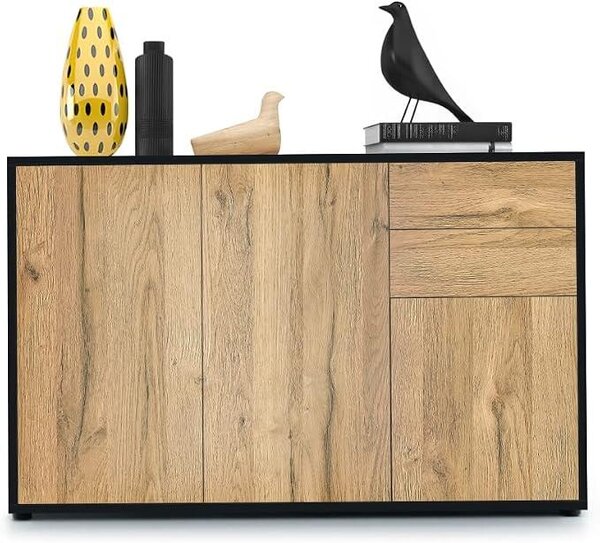 Komoda Ben V3, s 3 dvířky a 2 zásuvkami, barva: matná černá/přírodní buk (117 x 74 x 36 cm)