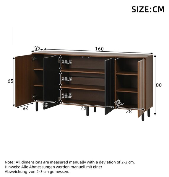 Kuchyňská komoda rozměrů 160x35x80 cm, vyrobená z laminované dřevotřísky s povrchem imitujícím ořechové dřevo a černou barvou, s čtyřmi dvířky a nastavitelnými policemi, vhodná do kuchyně i jídelny
