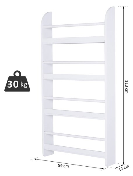 HOMCOM Nástěnná knihovna se 4 policemi - dětská knihovna pro domácí kancelář, nosnost 30 kg, 59x12x113 cm, bílá | Aosom