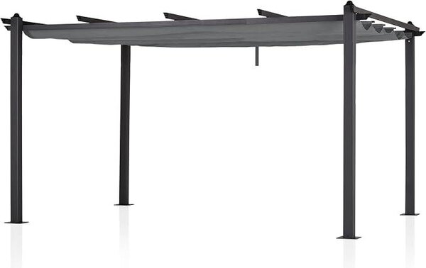 Pavilon pergola z hliníku, antracitová barva, rozměry 405 x 298 cm, s výsuvnou textilní střechou, šedá barva. Zahradní pavilon s práškovým nástřikem, odolný vůči povětrnostním vlivům, výška 227 cm