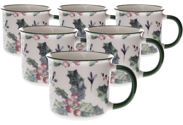 Sada 6 porcelánových hrnků Vánoční cesmína 300 ml, 300 ml
